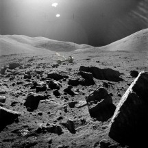 View of the Taurus-Littrow Apollo 17 landing site, 7-19 Dec. 1972.  (Credit: NASA)