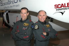 Astronaut pilots Brian Binnie (left) and Mike Melvill helped Burt Rutan win the $10 million Ansari X Prize by completing two manned space flights within two weeks, each piloting SS1.  (Credit: Virgin Galactic)