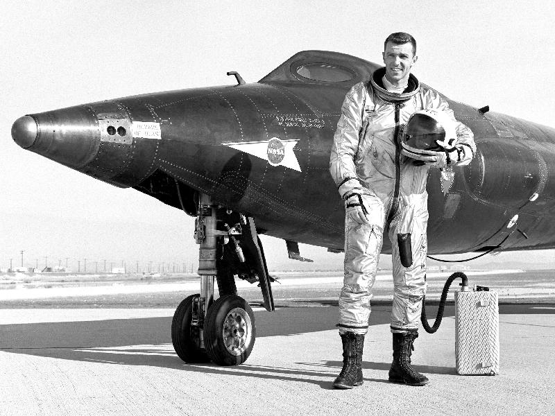 Captain Joe Engle is seen here next to the X-15-2 rocket-powered research aircraft after a flight. Three of Engle's 16 X-15 flights were above 50 miles, qualifying him for astronaut wings under the Air Force definition.  Engle was later selected as a NASA astronaut in 1966, making him the only person who was already an astronaut before being selected as a NASA astronaut. (Credit: NASA)